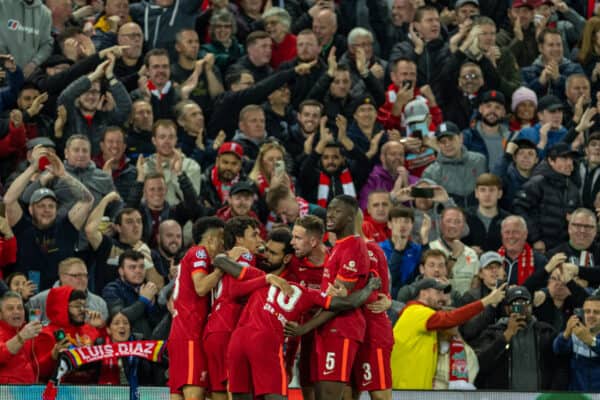 LIVERPOOL, ENGLAND - Wednesday, April 13, 2022: Liverpool's captain Jordan Henderson celebrates after scoring the first goal during the UEFA Champions League Quarter-Final 2nd Leg game between Liverpool FC and SL Benfica at Anfield. (Pic by David Rawcliffe/Propaganda)