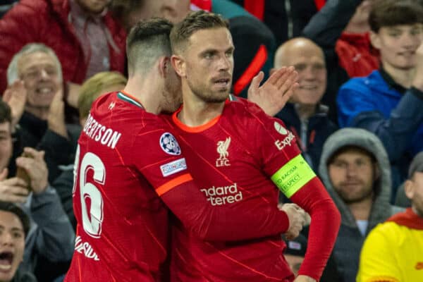 LIVERPOOL, ENGLAND - Wednesday, April 13, 2022: Liverpool's captain Jordan Henderson celebrates after scoring the first goal during the UEFA Champions League Quarter-Final 2nd Leg game between Liverpool FC and SL Benfica at Anfield. (Pic by David Rawcliffe/Propaganda)