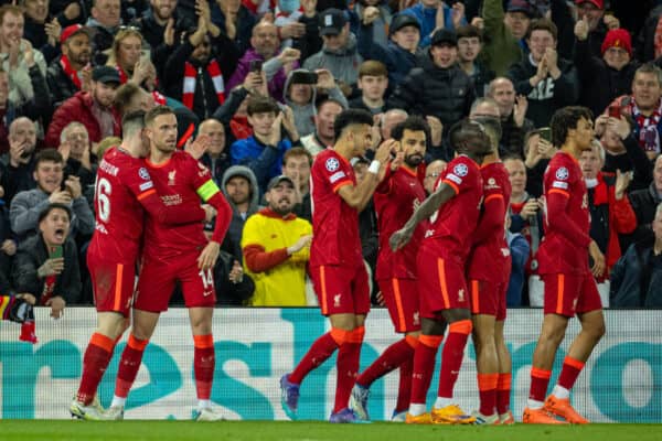 LIVERPOOL, ENGLAND - Wednesday, April 13, 2022: Liverpool's captain Jordan Henderson celebrates after scoring the first goal during the UEFA Champions League Quarter-Final 2nd Leg game between Liverpool FC and SL Benfica at Anfield. (Pic by David Rawcliffe/Propaganda)