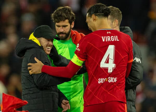 LIVERPOOL, ENGLAND - Wednesday, April 13, 2022: Liverpool's goalkeeper Alisson Becker and Virgil van Dijk greet former player Villarreal's Alberto Moreno during the UEFA Champions League Quarter-Final 2nd Leg game between Liverpool FC and SL Benfica at Anfield. (Pic by David Rawcliffe/Propaganda)