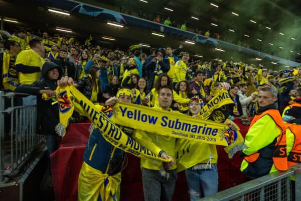 LIVERPOOL, ENGLAND - Wednesday, April 13, 2022: Villarreal supporters during the UEFA Champions League Quarter-Final 2nd Leg game between Liverpool FC and SL Benfica at Anfield. (Pic by David Rawcliffe/Propaganda)