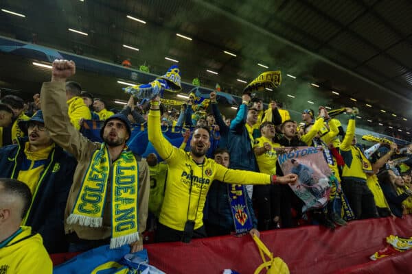 LIVERPOOL, ENGLAND - Wednesday, April 13, 2022: Villarreal supporters during the UEFA Champions League Quarter-Final 2nd Leg game between Liverpool FC and SL Benfica at Anfield. (Pic by David Rawcliffe/Propaganda)