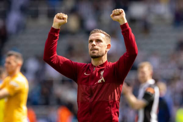 NEWCASTLE-UPON-TYNE, ENGLAND - Saturday, April 30, 2022: Liverpool's captain Jordan Henderson celebrates after the FA Premier League match between Newcastle United FC and Liverpool FC at St James' Park. Liverpool won 1-0. (Pic by David Rawcliffe/Propaganda)