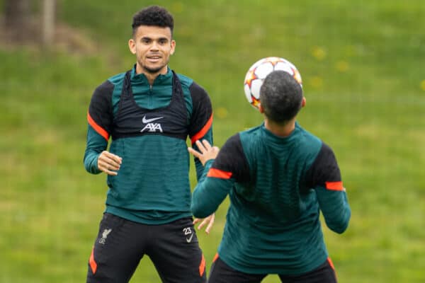 LIVERPOOL, ENGLAND - Monday, May 2, 2022: Liverpool's Luis Díaz during a training session at the AXA Training Centre ahead of the UEFA Champions League Semi-Final 2nd Leg game between Villarreal CF and Liverpool FC. (Pic by David Rawcliffe/Propaganda)