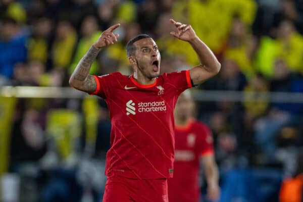 VILLARREAL, SPAIN - Tuesday, May 3, 2022: Liverpool's Thiago Alcântara celebrates after his side's first goal to make the score 2-1 (2-3 on aggregate) during the UEFA Champions League Semi-Final 2nd Leg game between Villarreal CF and Liverpool FC at the Estadio de la Cerámica. (Pic by David Rawcliffe/Propaganda)