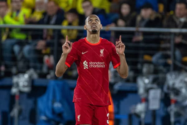 VILLARREAL, SPAIN - Tuesday, May 3, 2022: Liverpool's Fabio Henrique Tavares 'Fabinho' celebrates after scoring his side's first goal to make the score 2-1 (2-3 on aggregate) during the UEFA Champions League Semi-Final 2nd Leg game between Villarreal CF and Liverpool FC at the Estadio de la Cerámica. (Pic by David Rawcliffe/Propaganda)