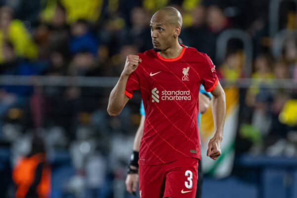 VILLARREAL, SPAIN - Tuesday, May 3, 2022: Liverpool's Fabio Henrique Tavares 'Fabinho' celebrates after scoring his side's first goal to make the score 2-1 (2-3 on aggregate) during the UEFA Champions League Semi-Final 2nd Leg game between Villarreal CF and Liverpool FC at the Estadio de la Cerámica. (Pic by David Rawcliffe/Propaganda)