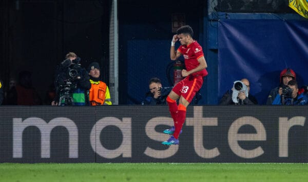 VILLARREAL, SPAIN - Tuesday, May 3, 2022: Liverpool's Luis Díaz celebrates after scoring his side's second goal to make the score 2-2 (2-4 on aggreagte) during the UEFA Champions League Semi-Final 2nd Leg game between Villarreal CF and Liverpool FC at the Estadio de la Cerámica. (Pic by David Rawcliffe/Propaganda)