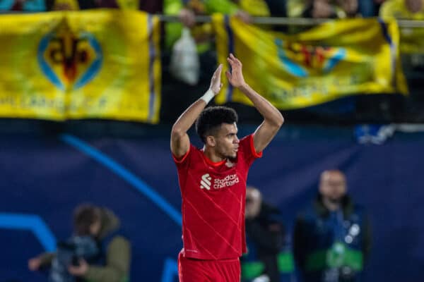 VILLARREAL, SPAIN - Tuesday, May 3, 2022: Liverpool's Luis Díaz celebrates after scoring his side's second goal to make the score 2-2 (2-4 on aggreagte) during the UEFA Champions League Semi-Final 2nd Leg game between Villarreal CF and Liverpool FC at the Estadio de la Cerámica. (Pic by David Rawcliffe/Propaganda)