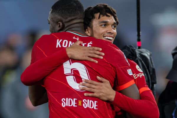 VILLARREAL, SPAIN - Tuesday, May 3, 2022: Liverpool's Trent Alexander-Arnold (R) celebrates as his side reach the Final beating Villarreal during the UEFA Champions League Semi-Final 2nd Leg game between Villarreal CF and Liverpool FC at the Estadio de la Cerámica. Liverpool won 3-2 (5-2 on aggregate).(Pic by David Rawcliffe/Propaganda)