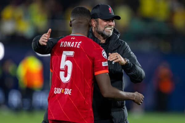 VILLARREAL, SPAIN - Tuesday, May 3, 2022: Liverpool's manager Jürgen Klopp (R) celebrates with Ibrahima Konaté as his side reach the Final beating Villarreal during the UEFA Champions League Semi-Final 2nd Leg game between Villarreal CF and Liverpool FC at the Estadio de la Cerámica. Liverpool won 3-2 (5-2 on aggregate).(Pic by David Rawcliffe/Propaganda)