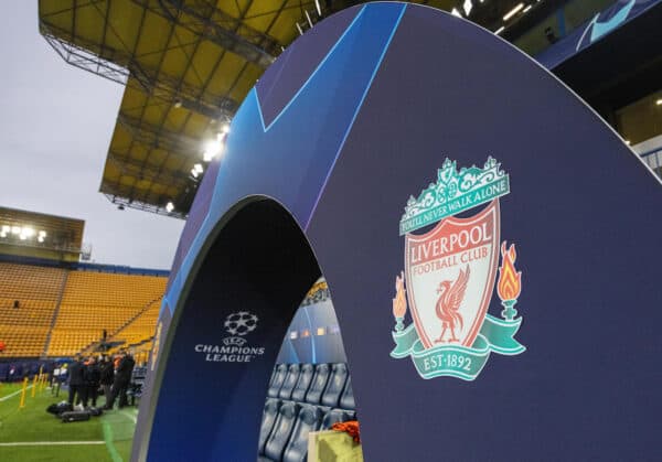 VILLARREAL, SPAIN - Tuesday, May 3, 2022: Liverpool club crest on the UEFA arch seen before the UEFA Champions League Semi-Final 2nd Leg game between Villarreal CF and Liverpool FC at the Estadio de la Cerámica. (Pic by David Rawcliffe/Propaganda)