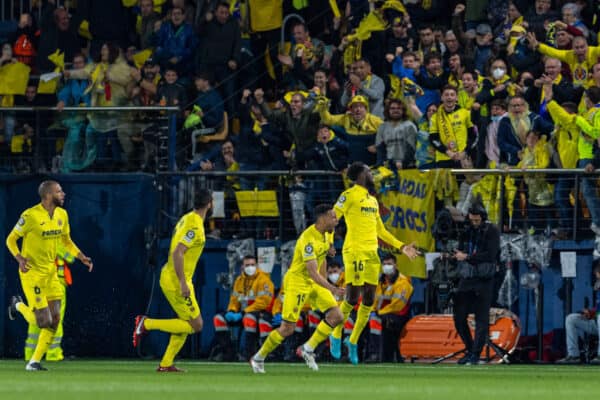 VILLARREAL, SPAIN - Tuesday, May 3, 2022: Villarreal's Boulaye Dia (R) celebrates after scoring the first goal during the UEFA Champions League Semi-Final 2nd Leg game between Villarreal CF and Liverpool FC at the Estadio de la Cerámica. (Pic by David Rawcliffe/Propaganda)