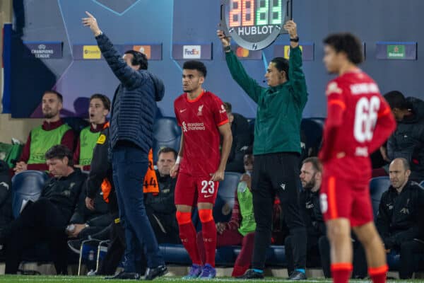 VILLARREAL, SPAIN - Tuesday, May 3, 2022: Liverpool's substitute Luis Díaz during the UEFA Champions League Semi-Final 2nd Leg game between Villarreal CF and Liverpool FC at the Estadio de la Cerámica. (Pic by David Rawcliffe/Propaganda)