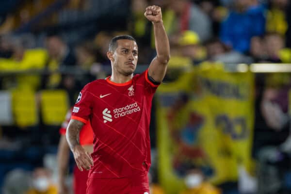 VILLARREAL, SPAIN - Tuesday, May 3, 2022: Liverpool's Thiago Alcântara celebrates after his side's first goal to make the score 2-1 (2-3 on aggregate) during the UEFA Champions League Semi-Final 2nd Leg game between Villarreal CF and Liverpool FC at the Estadio de la Cerámica. (Pic by David Rawcliffe/Propaganda)