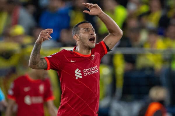 VILLARREAL, SPAIN - Tuesday, May 3, 2022: Liverpool's Thiago Alcântara celebrates after his side's first goal to make the score 2-1 (2-3 on aggregate) during the UEFA Champions League Semi-Final 2nd Leg game between Villarreal CF and Liverpool FC at the Estadio de la Cerámica. (Pic by David Rawcliffe/Propaganda)