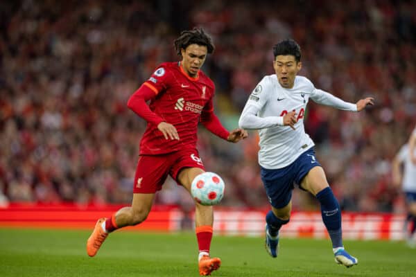 LIVERPOOL, ENGLAND - Saturday, May 7, 2022: Liverpool's Trent Alexander-Arnold (L) and Tottenham Hotspur's Son Heung-min during the FA Premier League match between Liverpool FC and Tottenham Hotspur FC at Anfield. (Pic by David Rawcliffe/Propaganda)