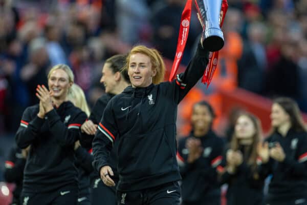 LIVERPOOL, ENGLAND - Saturday, May 7, 2022: Liverpool Women's player Rachel Furness with the Women's FA Championship trophy on the pitch at half time during the FA Premier League match between Liverpool FC and Tottenham Hotspur FC at Anfield. (Pic by David Rawcliffe/Propaganda)