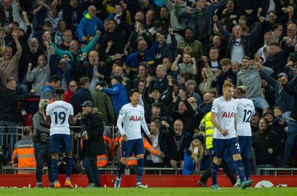 LIVERPOOL, ENGLAND - Saturday, May 7, 2022: Tottenham Hotspur's Son Heung-min celebrates after scoring the first goal during the FA Premier League match between Liverpool FC and Tottenham Hotspur FC at Anfield. (Pic by David Rawcliffe/Propaganda)