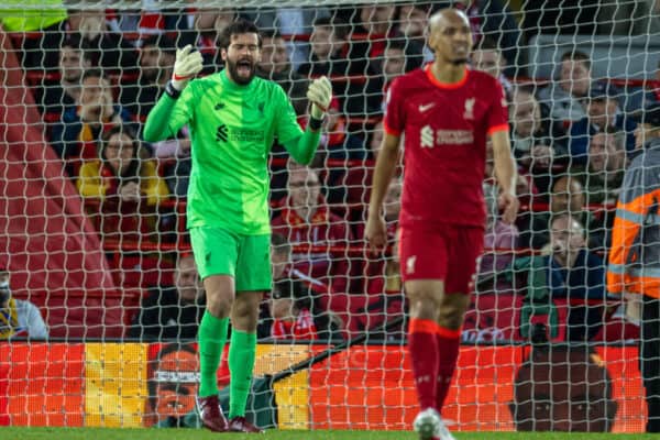 LIVERPOOL, ENGLAND - Saturday, May 7, 2022: Liverpool's goalkeeper Alisson Becker reacts as Tottenham Hotspur score the opening goal during the FA Premier League match between Liverpool FC and Tottenham Hotspur FC at Anfield. (Pic by David Rawcliffe/Propaganda)