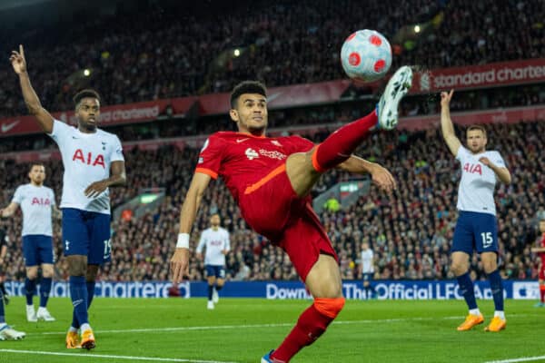 LIVERPOOL, ENGLAND - Saturday, May 7, 2022: Liverpool's Luis Díaz during the FA Premier League match between Liverpool FC and Tottenham Hotspur FC at Anfield. (Pic by David Rawcliffe/Propaganda)