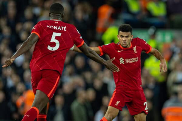 LIVERPOOL, ENGLAND - Saturday, May 7, 2022: Liverpool's Luis Díaz celebrates after scoring the first equalising goal during the FA Premier League match between Liverpool FC and Tottenham Hotspur FC at Anfield. (Pic by David Rawcliffe/Propaganda)