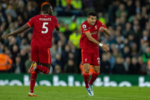 LIVERPOOL, ENGLAND - Saturday, May 7, 2022: Liverpool's Luis Díaz celebrates after scoring the first equalising goal during the FA Premier League match between Liverpool FC and Tottenham Hotspur FC at Anfield. (Pic by David Rawcliffe/Propaganda)