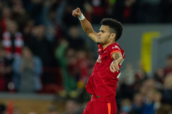 LIVERPOOL, ENGLAND - Saturday, May 7, 2022: Liverpool's Luis Díaz celebrates after scoring the first equalising goal during the FA Premier League match between Liverpool FC and Tottenham Hotspur FC at Anfield. (Pic by David Rawcliffe/Propaganda)