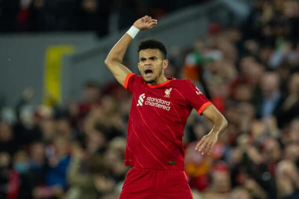 LIVERPOOL, ENGLAND - Saturday, May 7, 2022: Liverpool's Luis Díaz celebrates after scoring the first equalising goal during the FA Premier League match between Liverpool FC and Tottenham Hotspur FC at Anfield. (Pic by David Rawcliffe/Propaganda)