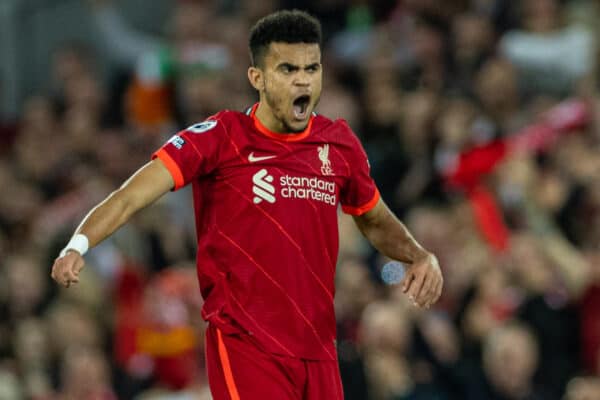 LIVERPOOL, ENGLAND - Saturday, May 7, 2022: Liverpool's Luis Díaz celebrates after scoring the first equalising goal during the FA Premier League match between Liverpool FC and Tottenham Hotspur FC at Anfield. (Pic by David Rawcliffe/Propaganda)