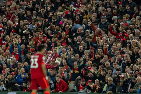 LIVERPOOL, ENGLAND - Saturday, May 7, 2022: Liverpool's supporters celebrate after Luis Díaz scores the first equalising goal during the FA Premier League match between Liverpool FC and Tottenham Hotspur FC at Anfield. (Pic by David Rawcliffe/Propaganda)