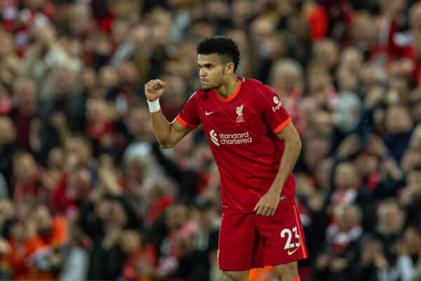 LIVERPOOL, ENGLAND - Saturday, May 7, 2022: Liverpool's Luis Díaz celebrates after scoring the first equalising goal during the FA Premier League match between Liverpool FC and Tottenham Hotspur FC at Anfield. (Pic by David Rawcliffe/Propaganda)