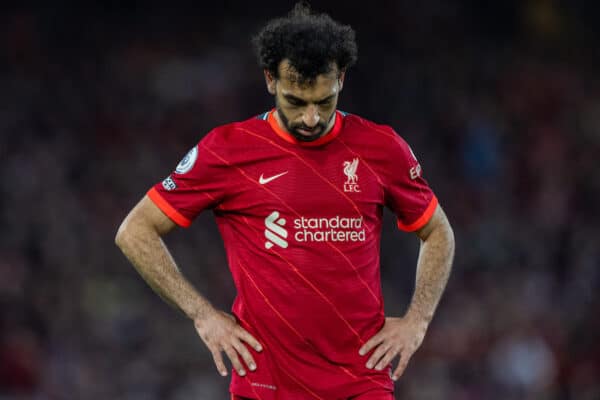 LIVERPOOL, ENGLAND - Saturday, May 7, 2022: Liverpool's Mohamed Salah looks dejected during the FA Premier League match between Liverpool FC and Tottenham Hotspur FC at Anfield. (Pic by David Rawcliffe/Propaganda)