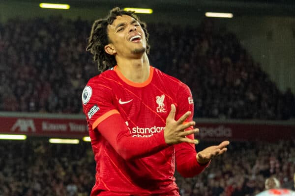 LIVERPOOL, ENGLAND - Saturday, May 7, 2022: Liverpool's Trent Alexander-Arnold reacts during the FA Premier League match between Liverpool FC and Tottenham Hotspur FC at Anfield. (Pic by David Rawcliffe/Propaganda)