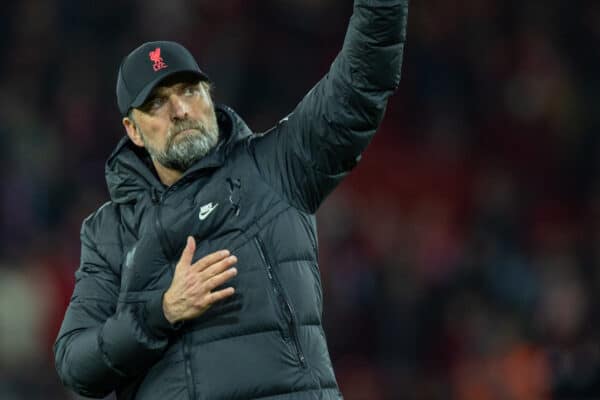 LIVERPOOL, ENGLAND - Saturday, May 7, 2022: Liverpool's manager Jürgen Klopp waves to the supporters after the FA Premier League match between Liverpool FC and Tottenham Hotspur FC at Anfield. The game ended in a 1-1 draw. (Pic by David Rawcliffe/Propaganda)