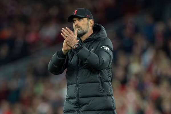 LIVERPOOL, ENGLAND - Saturday, May 7, 2022: Liverpool's manager Jürgen Klopp applauds the supporters after the FA Premier League match between Liverpool FC and Tottenham Hotspur FC at Anfield. The game ended in a 1-1 draw. (Pic by David Rawcliffe/Propaganda)