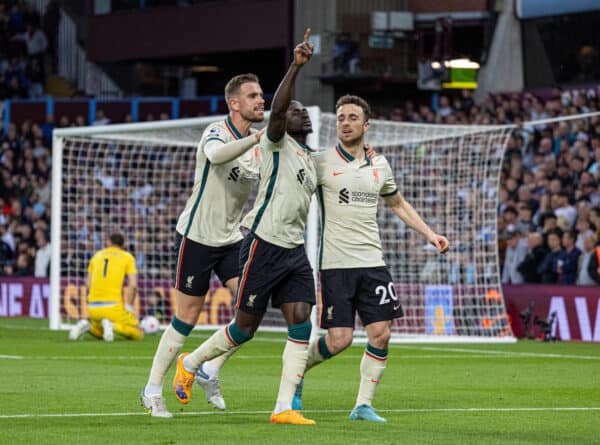 BIRMINGHAM, ENGLAND - Tuesday, May 10, 2022: Liverpool's Sadio Mané (C) celebrates with team-mates captain Jordan Henderson (L) and Diogo Jota (R) after scoring the second goal during the FA Premier League match between Aston Villa FC and Liverpool FC at Villa Park. (Pic by David Rawcliffe/Propaganda)