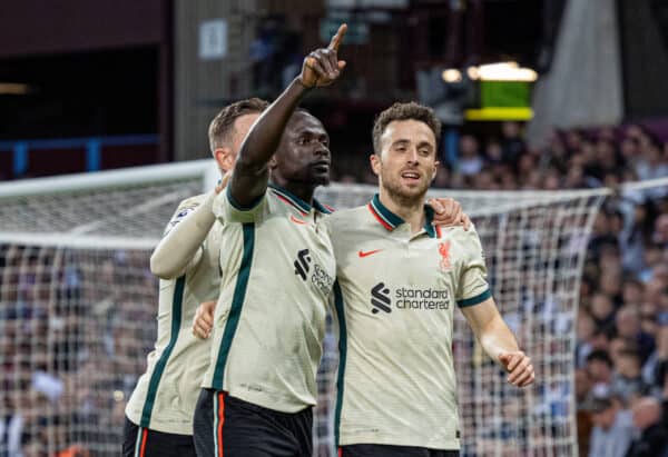 BIRMINGHAM, ENGLAND - Tuesday, May 10, 2022: Liverpool's Sadio Mané (C) celebrates with team-mates captain Jordan Henderson (L) and Diogo Jota (R) after scoring the second goal during the FA Premier League match between Aston Villa FC and Liverpool FC at Villa Park. (Pic by David Rawcliffe/Propaganda)