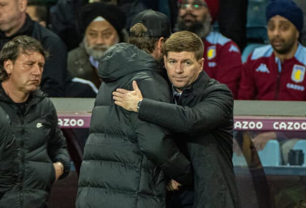 BIRMINGHAM, ENGLAND - Tuesday, May 10, 2022: Liverpool's manager Jürgen Klopp (L) embraces Aston Villa's manager Steven Gerrard after the FA Premier League match between Aston Villa FC and Liverpool FC at Villa Park. Liverpool won 2-1. (Pic by David Rawcliffe/Propaganda)