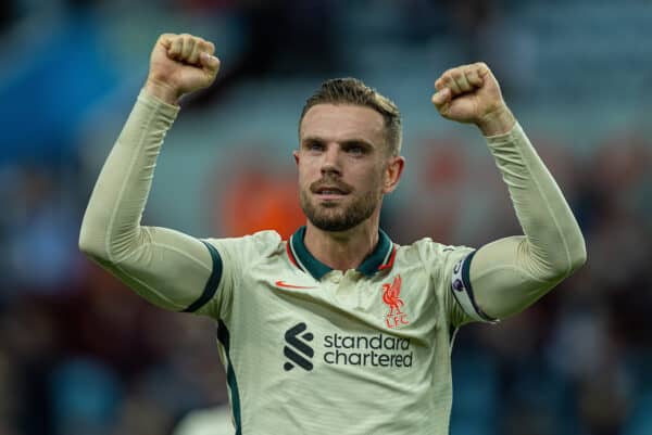 BIRMINGHAM, ENGLAND - Tuesday, May 10, 2022: Liverpool's captain Jordan Henderson celebrates after the FA Premier League match between Aston Villa FC and Liverpool FC at Villa Park. Liverpool won 2-1. (Pic by David Rawcliffe/Propaganda)