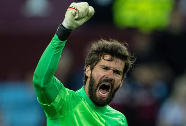 BIRMINGHAM, ENGLAND - Tuesday, May 10, 2022: Liverpool's goalkeeper Alisson Becker celebrates after the FA Premier League match between Aston Villa FC and Liverpool FC at Villa Park. Liverpool won 2-1. (Pic by David Rawcliffe/Propaganda)v