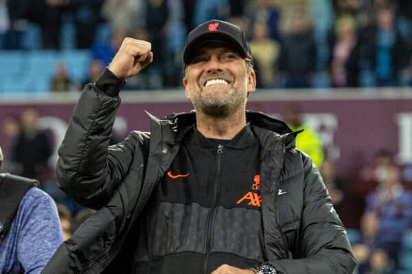 BIRMINGHAM, ENGLAND - Tuesday, May 10, 2022: Liverpool's manager Jürgen Klopp celebrates after the FA Premier League match between Aston Villa FC and Liverpool FC at Villa Park. Liverpool won 2-1. (Pic by David Rawcliffe/Propaganda)