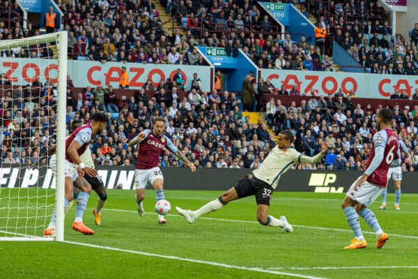 BIRMINGHAM, ENGLAND - Tuesday, May 10, 2022: Liverpool's Joel Matip scores the first equalising goal during the FA Premier League match between Aston Villa FC and Liverpool FC at Villa Park. (Pic by David Rawcliffe/Propaganda)