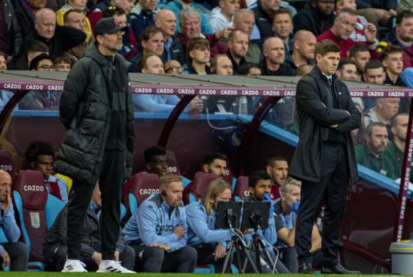 BIRMINGHAM, ENGLAND - Tuesday, May 10, 2022: Liverpool's Gerrard and Klopp during the FA Premier League match between Aston Villa FC and Liverpool FC at Villa Park. (Pic by David Rawcliffe/Propaganda)