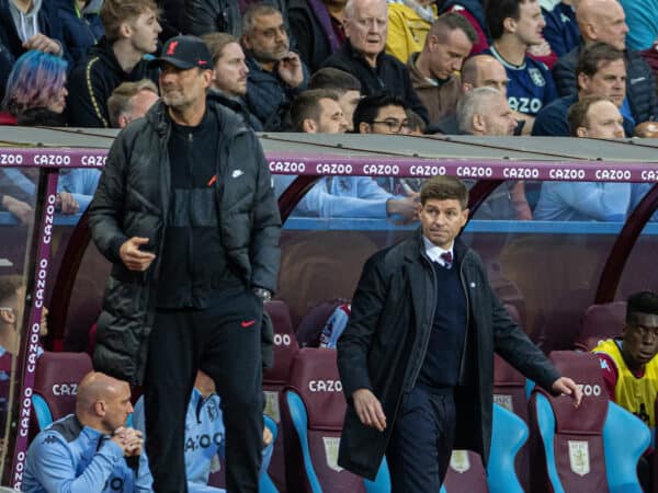 BIRMINGHAM, ENGLAND - Tuesday, May 10, 2022: Aston Villa's manager Steven Gerrard (R) and Liverpool's manager Jürgen Klopp during the FA Premier League match between Aston Villa FC and Liverpool FC at Villa Park. (Pic by David Rawcliffe/Propaganda)