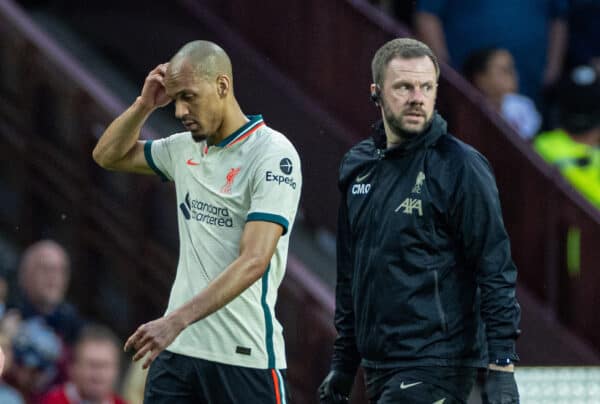 BIRMINGHAM, ENGLAND - Tuesday, May 10, 2022: Liverpool's Fabio Henrique Tavares 'Fabinho' goes off injured during the FA Premier League match between Aston Villa FC and Liverpool FC at Villa Park. (Pic by David Rawcliffe/Propaganda)