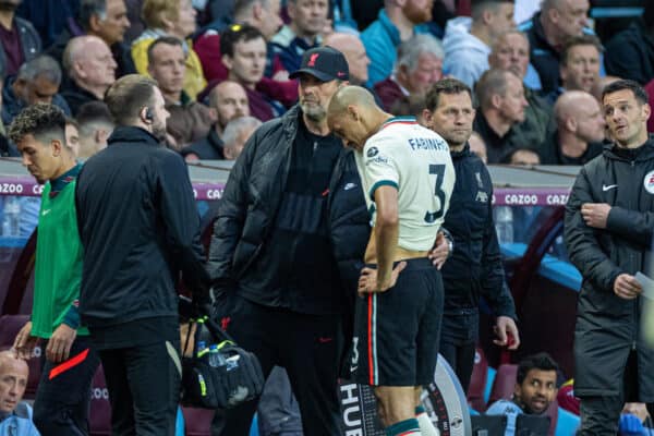 BIRMINGHAM, ENGLAND - Tuesday, May 10, 2022: Liverpool's Fabio Henrique Tavares 'Fabinho' goes down injured during the FA Premier League match between Aston Villa FC and Liverpool FC at Villa Park. (Pic by David Rawcliffe/Propaganda)