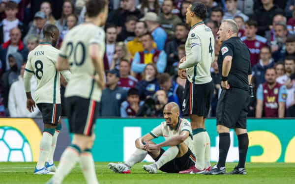 BIRMINGHAM, ENGLAND - Tuesday, May 10, 2022: Liverpool's Fabio Henrique Tavares 'Fabinho' goes down injured during the FA Premier League match between Aston Villa FC and Liverpool FC at Villa Park. (Pic by David Rawcliffe/Propaganda)