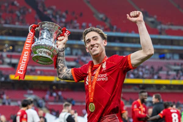 LONDON, ENGLAND - Saturday, May 14, 2022: Liverpool's Kostas Tsimikas celebrates with the trophy after the FA Cup Final between Chelsea FC and Liverpool FC at Wembley Stadium. The game ended in a goal-less draw, Liverpool won 6-5 on penalties. (Pic by David Rawcliffe/Propaganda)