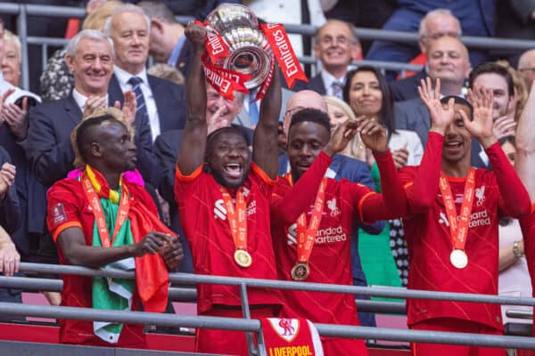 LONDON, ENGLAND - Saturday, May 14, 2022: Liverpool's Naby Keita lifts the trophy after the FA Cup Final between Chelsea FC and Liverpool FC at Wembley Stadium. The game ended in a goal-less draw, Liverpool won 6-5 on penalties. (Pic by David Rawcliffe/Propaganda)